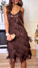 Încarcă imaginea în vizualizatorul Galerie, Rochie elegantă de seară pentru femei, cu bretele, patchwork și franjuri.

