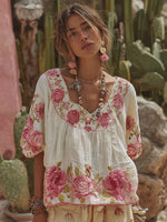 Încarcă imaginea în vizualizatorul Galerie, Tricou de in pentru femei cu broderie florală vintage
