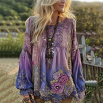 Încarcă imaginea în vizualizatorul Galerie, Cămașă elegantă vintage cu mânecă lungă din bumbac și in, cu imprimeu floral
