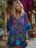 Încarcă imaginea în vizualizatorul Galerie, Cămașă elegantă din in, cu broderie florală și lavandă, violet și albastru degradat

