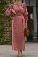 Încarcă imaginea în vizualizatorul Galerie, Set cămașă plisată cu mânecă lungă, guler rotund, culoare solidă și fustă maxi elegantă
