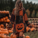 Încarcă imaginea în vizualizatorul Galerie, Rochie pulover tricotată cu model patchwork, cu fețe de dovleac de Halloween
