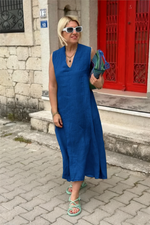 Încarcă imaginea în vizualizatorul Galerie, Rochie din bumbac și in, cu decolteu în V și buzunare duble la spate
