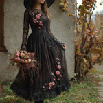Încarcă imaginea în vizualizatorul Galerie, Fustă lungă neagră, retro, roz, cu plasă, model floral
