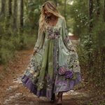 Încarcă imaginea în vizualizatorul Galerie, Rochie maxi vintage elegantă, cu brodată violet, lavandă și flori, în gradient
