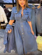 Încarcă imaginea în vizualizatorul Galerie, Rochie din denim cu rever la modă
