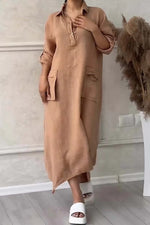Încarcă imaginea în vizualizatorul Galerie, Rochie de damă lungă de agrement din bumbac și in, cu buzunare cu rever
