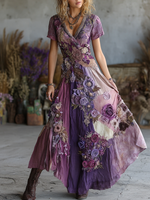 Încarcă imaginea în vizualizatorul Galerie, Rochie maxi violet cu decolteu în V și broderie 3D cu trandafiri
