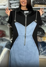 Încarcă imaginea în vizualizatorul Galerie, 💓Fustă de damă din denim cu guler rotund și imprimeu petic
