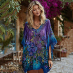 Încarcă imaginea în vizualizatorul Galerie, Cămașă elegantă din in, cu broderie florală și lavandă, violet și albastru degradat
