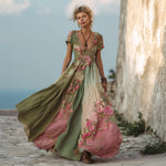 Încarcă imaginea în vizualizatorul Galerie, Vintage Pink Roses Gradient Patchwork Flowy Linen Maxi Dress
