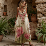 Încarcă imaginea în vizualizatorul Galerie, Rochie maxi din in cu decolteu în V pentru femei, stil vintage cu broderie florală
