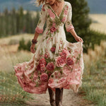 Încarcă imaginea în vizualizatorul Galerie, Rochie maxi din amestec de in cu model floral și trandafiri vintage, cu decolteu în V
