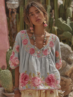 Încarcă imaginea în vizualizatorul Galerie, Tricou de in pentru femei cu broderie florală vintage

