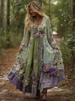Încarcă imaginea în vizualizatorul Galerie, Rochie maxi vintage elegantă, cu brodată violet, lavandă și flori, în gradient

