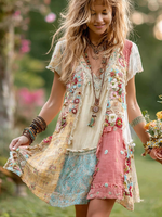 Încarcă imaginea în vizualizatorul Galerie, Rochie scurtă pentru femei, cu imprimeu floral retro, din bumbac și in
