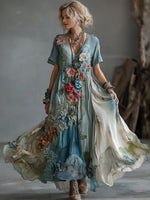 Încarcă imaginea în vizualizatorul Galerie, Rochie maxi vintage din bumbac și in, cu broderie florală japoneză și flori în degrade
