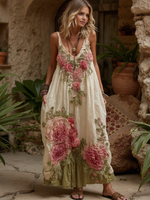Încarcă imaginea în vizualizatorul Galerie, Rochie maxi din in cu decolteu în V pentru femei, stil vintage cu broderie florală
