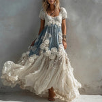 Încarcă imaginea în vizualizatorul Galerie, Rochie vintage cu mânecă scurtă din in, cu model de trandafiri albi, pentru femei
