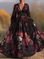 Încarcă imaginea în vizualizatorul Galerie, Rochie maxi cu model de trandafir și craniu de Halloween
