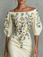 Încarcă imaginea în vizualizatorul Galerie, Rochie din bumbac 100%, cu guler în formă de barcă, broderie florală și talie strânsă
