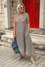Încarcă imaginea în vizualizatorul Galerie, Rochie din bumbac și in, cu decolteu în V și buzunare duble la spate
