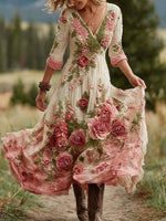 Încarcă imaginea în vizualizatorul Galerie, Rochie maxi din amestec de in cu model floral și trandafiri vintage, cu decolteu în V
