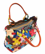 Încarcă imaginea în vizualizatorul Galerie, Geantă de mână frumoasă din piele de vițel cu fermoar și patchwork multicolor
