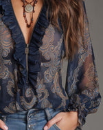 Încarcă imaginea în vizualizatorul Galerie, Cămașă din șifon cu model floral vintage și decolteu în V și fermoar

