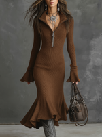 Încarcă imaginea în vizualizatorul Galerie, Rochie midi tricotată cu decolteu retro cu fermoar și mâneci tip trompetă
