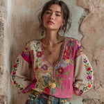 Încarcă imaginea în vizualizatorul Galerie, Top cu decolteu în V și broderie patchwork
