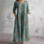 Încarcă imaginea în vizualizatorul Galerie, Rochie lungă de damă cu imprimeu floral, cu decolteu în V și mâneci trei sferturi
