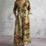 Încarcă imaginea în vizualizatorul Galerie, Rochie lungă de damă cu imprimeu floral, cu decolteu în V și mâneci trei sferturi

