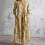 Încarcă imaginea în vizualizatorul Galerie, Rochie lungă de damă cu imprimeu floral, cu decolteu în V și mâneci trei sferturi
