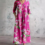 Încarcă imaginea în vizualizatorul Galerie, Rochie lungă de damă cu imprimeu floral, cu decolteu în V și mâneci trei sferturi
