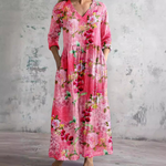 Încarcă imaginea în vizualizatorul Galerie, Rochie lungă de damă cu imprimeu floral, cu decolteu în V și mâneci trei sferturi
