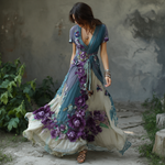 Încarcă imaginea în vizualizatorul Galerie, Rochie cu imprimeu floral și trandafiri în gradient albastru și violet
