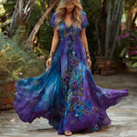 Încarcă imaginea în vizualizatorul Galerie, Rochie de damă cu mânecă scurtă, model retro cu trandafiri florali și decolteu în V
