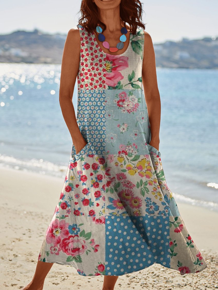 Rochie vintage elegantă din in cu imprimeu floral patchwork