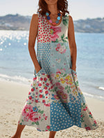 Încarcă imaginea în vizualizatorul Galerie, Rochie vintage elegantă din in cu imprimeu floral patchwork
