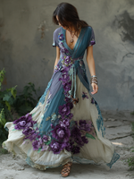 Încarcă imaginea în vizualizatorul Galerie, Rochie cu imprimeu floral și trandafiri în gradient albastru și violet

