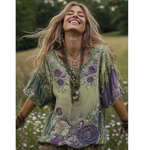 Încarcă imaginea în vizualizatorul Galerie, Tricou cu mânecă scurtă din in cu broderie și culoare lavandă degradată
