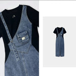 Încarcă imaginea în vizualizatorul Galerie, 💃Fustă din denim pentru femei, cu guler rotund și bretele, din două piese, falsă
