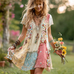 Încarcă imaginea în vizualizatorul Galerie, Rochie scurtă pentru femei, cu imprimeu floral retro, din bumbac și in
