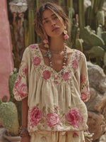 Încarcă imaginea în vizualizatorul Galerie, Tricou de in pentru femei cu broderie florală vintage
