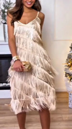 Încarcă imaginea în vizualizatorul Galerie, Rochie elegantă de seară pentru femei, cu bretele, patchwork și franjuri.
