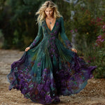 Încarcă imaginea în vizualizatorul Galerie, Women's Vintage Purple Rose Art Pattern Gradient Long Sleeve Dress
