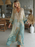 Încarcă imaginea în vizualizatorul Galerie, Vintage Marble Texture Collection Retro Bohemia Women Style Gradient Gilded Pattern Linen Maxi Dress
