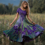 Încarcă imaginea în vizualizatorul Galerie, Rochie maxi din in, model floral, cu broderie din dantelă și iriși violet pictați în ulei
