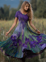Încarcă imaginea în vizualizatorul Galerie, Rochie maxi din in, model floral, cu broderie din dantelă și iriși violet pictați în ulei
